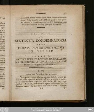 Caput I. Historia Iuris Et Litteraria Specialissima De Sententia Condemnatoria Sine Praevia Inquisitione Speciali.
