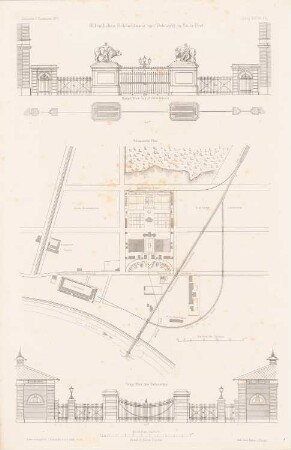 Öffentliches Schlachthaus und Viehmarkt, Budapest: Lageplan, Details (aus: Atlas zur Zeitschrift für Bauwesen, hrsg. v. G. Erbkam, Jg. 25, 1875)
