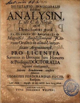 Disputatio Inauguralis Exhibens Analysin, L. ult. C. de Novat.