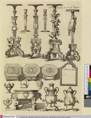 [Nouveaux Livre d'Orfevrerie Inventé Par Marot Architecte du Roy fait avec Previllege des États Generax des Provinces Unie; Entwürfe von Beistelltischen und Kerzenleuchter]