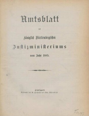 1885: Amtsblatt des Württembergischen Justizministeriums
