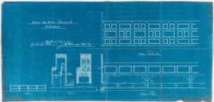 Kirche mit Innenausstattung und Pfarrhaus, Schlesiengrube: Details der Kirchenbänke (Vorder- Rück- und Seitenansicht) 1:10