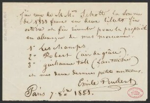 Quittung über Honorar für "Les Champs", "Robert", "Guillaume Tell"