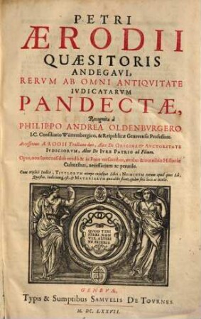 Petri Aerodii Quaesitoris Andegavi, Rervm Ab Omni Antiqvitate Ivdicatarvm Pandectae