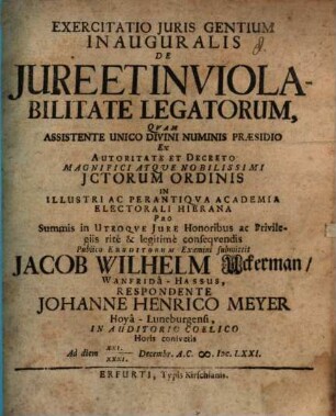 Exercitatio ... inaug. de iure et inviolabilitate legatorum