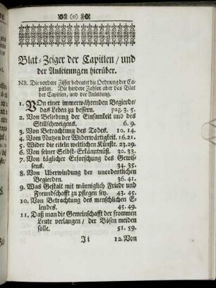 Blat- Zeiger der Capitel/ ...