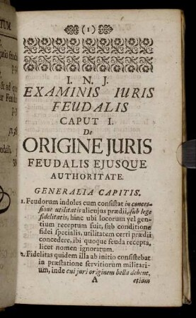 Caput I. De Origine Juris Feudalis Ejusque Authoritate.