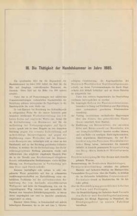 III. Die Thätigkeit der Handelskammer im Jahre 1885.