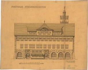 Fischer, Theodor; Friedrichshafen; Postgebäude - Längsseite (Ansicht)