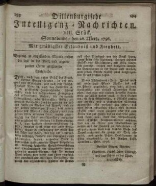 XIII. Stück. Sonnabends: den 26. Merz 1796.