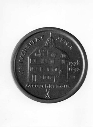 Justus Christian Loder, 1753-1832 : Justus Christian Loder, 1753-1832. Medaille. Böttgersteinzeug. Rückseite mit Abbildung des Accouchierhaus und Inschrift