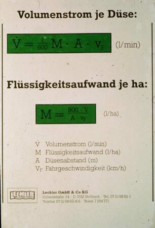 Volumenstrom je Düse und Flüssigkeitsaufwand je Hektar