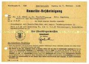 Bescheinigung über die Anmeldung eines Gewerbes