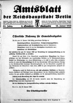 1. Sonder-Ausgabe, 16. Januar 1940