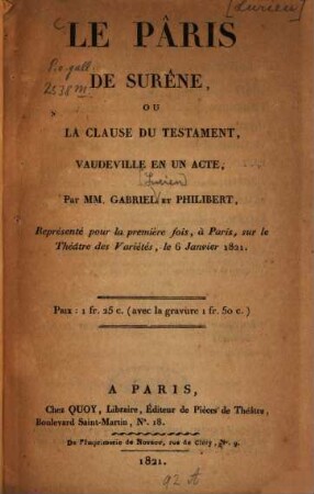 Le Paris de Surêne, ou la clause du testament : vaudeville en un acte