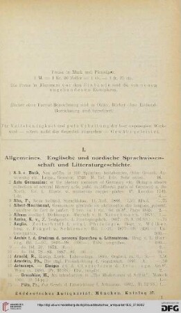 I. Allgemeines. Englische und nordische Sprachwissenschaft und Literaturgeschichte (Nr. 1 - 213)