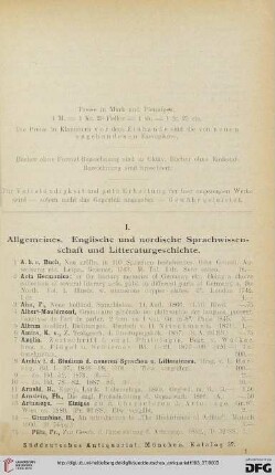 I. Allgemeines. Englische und nordische Sprachwissenschaft und Literaturgeschichte (Nr. 1 - 213)