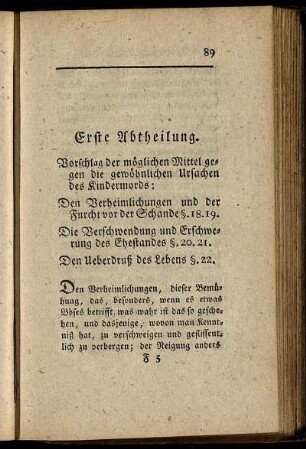 Erste Abtheilung. Vorschlag der möglichen Mittel gegen die gewöhnlichen Ursachen des Kindermords.