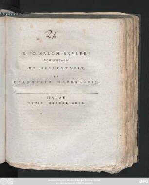 D. Io. Salom. Semleri Commentatio De Desposynois Et Evangelio Hebraeorvm : [P. P. in acad. Frideric. d. 24. Decembr. 1777.]