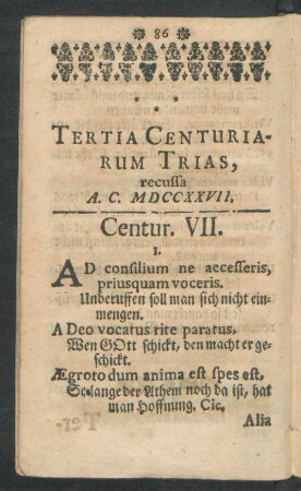Tertia Centuriarum Trias, recussa A. C. MDCCXXVII. Centur. VII. - Centur. IX.