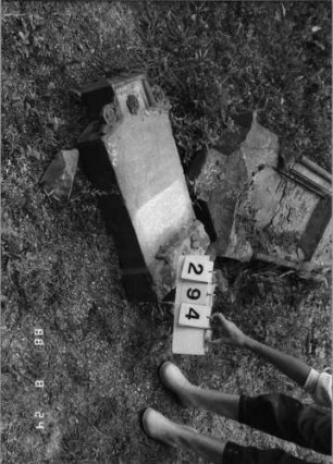 Grabstein 294 (Index: 100095726) Maße HxBxT: 76x46x15 cm Symbolik: Blumenkranz Besonderheit: Kindergrab: Grabstein 294