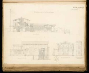 Schützenhaus Monatskonkurrenz Mai 1876: Aufriss Hauptansicht, 2 Querschnitte; Maßstabsleiste