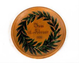 Terracotta-Teller ('Zum 11. Februar 1891' im Lorbeerkranz)