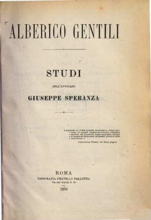 Alberico Gentili : Studi dell'avvocato Giuseppe Speranza