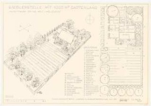 Siedlerstelle 1200 qm: Grundriss, Perspektivische Ansicht (Vogelschau) 1:100