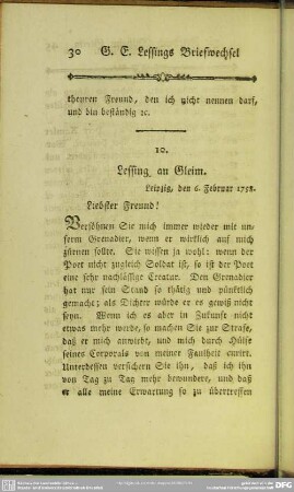 10. Lessing an Gleim. Leipzig, den 6. Februar 1758