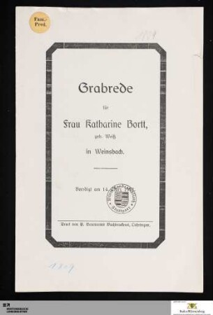 Grabrede für Frau Katharine Bortt, geb. Weiß in Weinsbach : Beerdigt am 14. März 1917