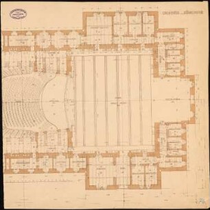 Neues Theater (Oper), Frankfurt/Main: Grundriss in Bühnenhöhe mit Maßangaben, (unvollständig)
