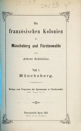 Die französischen Kolonien zu Müncheberg und Fürstenwalde