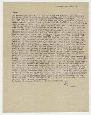 Brief von Raoul Hausmann an Elfriede Hausmann. Limoges