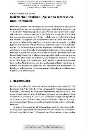 Deiktische Praktiken: Zwischen Interaktion und Grammatik