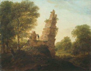 Baumbestandene Ruinenlandschaft mit Jägern und Hirten