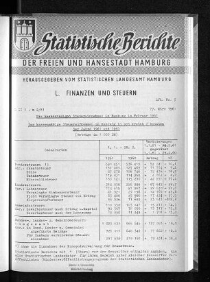 Die kassenmäßigen Steuereinnahmen in Hamburg im Februar 1961 : Lfd. Nr. 5
