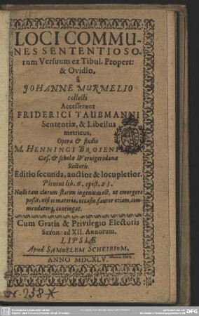 Loci communes sententiosorum versuum ex Tibullo, Propertio & Ovidio