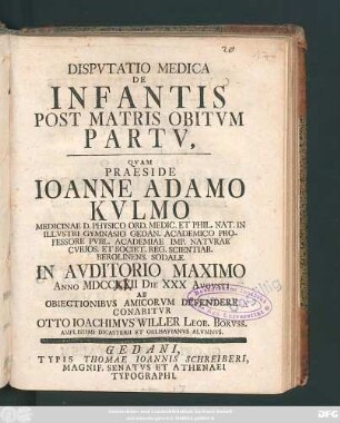Dispvtatio Medica De Infantis Post Matris Obitvm Partv