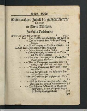 Summarischer Inhalt deß gantzen Wercks/ bestehend in Zwey Büchern.