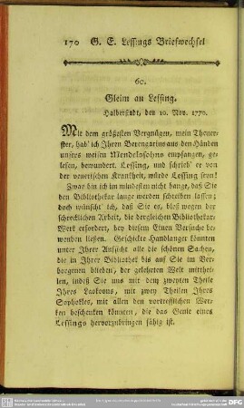 60. Gleim an Lessing. Halberstadt, den 10. Nov. 1770