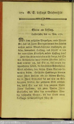 60. Gleim an Lessing. Halberstadt, den 10. Nov. 1770