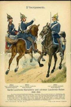 Uniformdarstellung, Offiziere und Reiter der Kavallerie der Landwehr, Königreich Preußen, 1852/1857.
