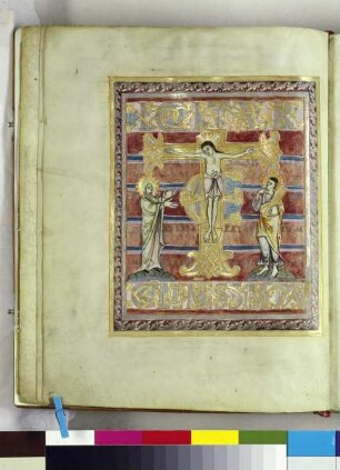 Guntbald-Sakramentar — Initialzierseite mit Kreuzigungsgruppe, Folio fol. 3v