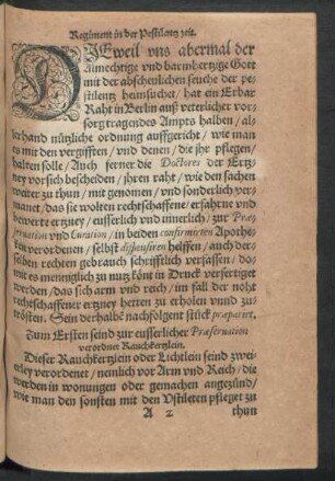 Zum Ersten seind zur eusserlicher Praeservation verordnet Rauchkertzlein.