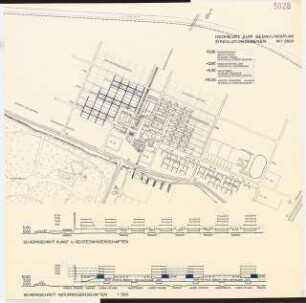 Universität Bremen: Deckblatt zum Bebauungsplan, Lageplan und Schemaschnitte, 1:2500 und 1:500