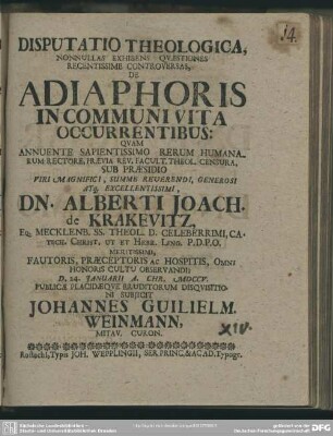 Disputatio Theologica, Nonnullas Exhibens Quaestiones Recentissime Controversas, De Adiaphoris In Communi Vita Occurrentibus