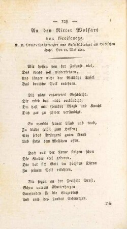 An den Ritter Wolfare von Greifenegg. K. K. Obrist-Wachtmeister und Geschäftsträger am Badischen Hofe. Den 12. Mai 1814