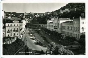 Weltbad Karlsbad. Kurhaus, Mühlbrunn und Hotel Imperial : Karlsbad. Kreuzstraße mit Hotel und Café Paradies und Mühlbrunn-Quai an der Teplá mit Kurhaus. Blick gegen Hotel Imperial