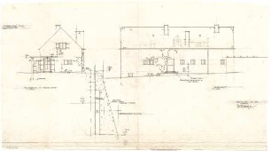 Gsaenger, Gustav; Icking (Isartal, Bayern); Landhaus Prof. Dr. Weltz, Umbau - West- u. Nordseite (Ansichten), Pergola (Schnitt)